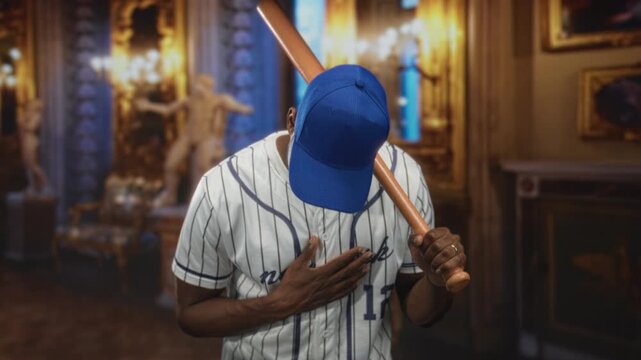 Man in striped baseball jersey holding wooden bat over shoulder and hand on chest in museum building, near sculptures and ornate gallery; quiet reflection.
