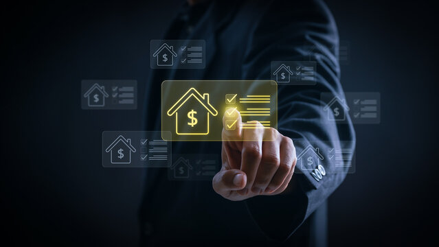 digital mortgage approval and home loan process. business selecting digital mortgage approval with home loan checklist and financial, online real estate financing technology and banking automation