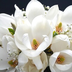 Blooming white magnolias against dark backdrop, with delicate white baby's breath flowers interspersed among blossoms