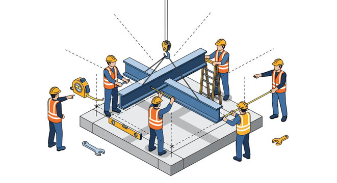 Construction Workers Assembling Metal Beam Structure.