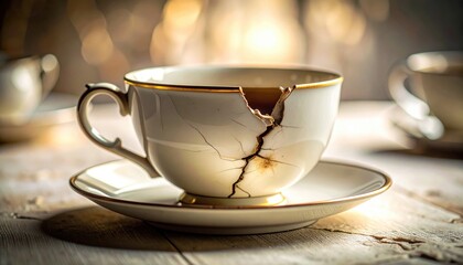 Fototapeta premium FlyPro_Firefly's close-up view of a chipped porcelain teacup, revealing a significant crack running through its side with a faint dark stain inside, embodies fragility and enduring beauty.