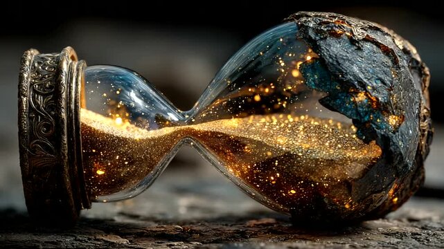 An ornate hourglass filled with shimmering golden sand, resting on a textured surface