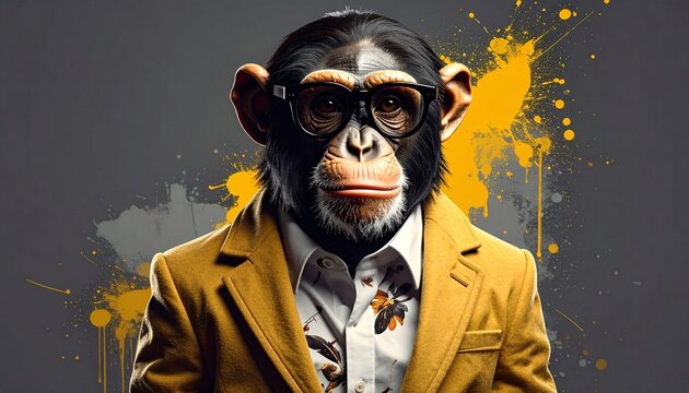 Sophisticated Chimpanzee Wearing Glasses and Yellow Blazer with Artistic Paint Splatter