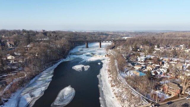 Cinematic Winter Aerial Drone Footage of Paris Ontario Canada Along the Grand River