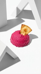 Vibrant pink sorbet scoop with crisp wafer garnish on white geometric set, bright sunlight and sharp shadows, modern dessert styling for summer and Valentines Day