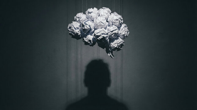 Conceptual silhouette with crumpled paper brain representing deep mental confusion and heavy stress creating dark anxiety atmosphere showing chaotic mind