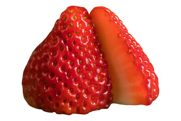 Fresh large strawberry cut in half, showing juicy red flesh and seeds, ideal for food styling, dessert decoration, and culinary presentation, isolated on transparent background, PNG format.