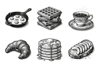 Vintage breakfast and brunch food collection featuring woodcut style illustrations of eggs, waffles, coffee, croissant, pancakes, and avocado toast.