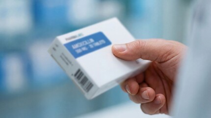 Person holding a white box of medication in a pharmacy during daytime