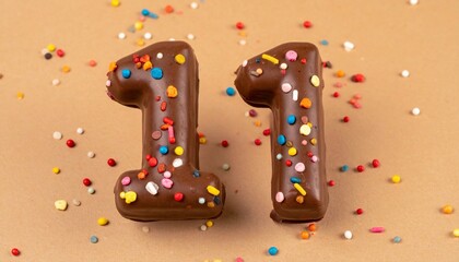 Naklejka premium Chocolate Number Eleven Birthday Cake Topper with Colorful Sprinkles on a Warm Tan Background