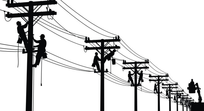 Electric line workers repairing power lines on utility poles silhouettes, electricity distribution maintenance vector illustration, energy infrastructure service concept isolated on white background
