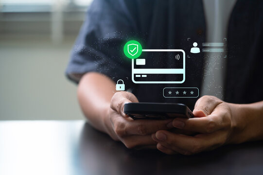 secure online payment and mobile banking concept with smartphone user, digital credit card interface, password login, data protection shield and cybersecurity digital authentication technology