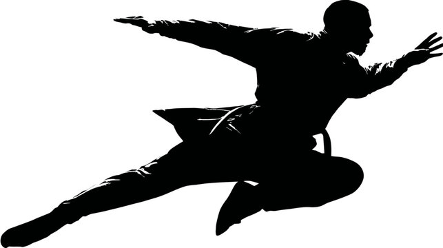 A silhouette of a martial artist in mid-air, a dynamic black shape against a white background