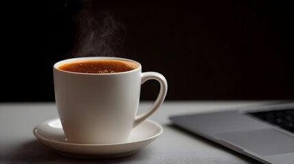 Fototapeta premium A steaming cup of hot coffee sits on a saucer beside a laptop on a desk