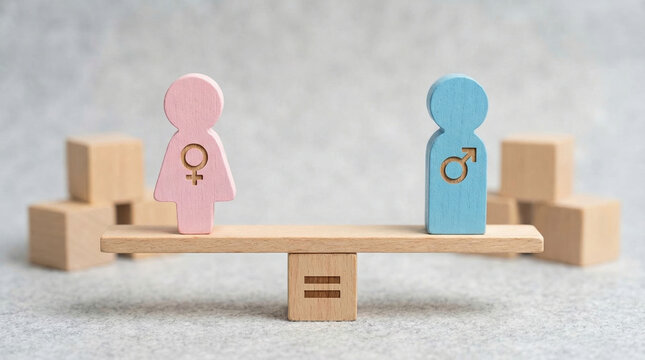 Conceptual wooden male and female figure on seesaw scale representing gender equality concept with fairness and equal right opportunity between man and woman symbol regarding business and harmony