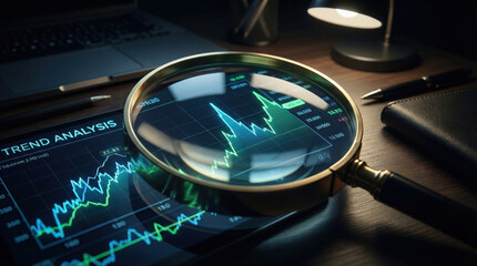 Obraz premium Focused magnifying glass checking stock market chart depicts serious financial analysis strategy. Digital business investment data research aids trading growth economic graph for profit success