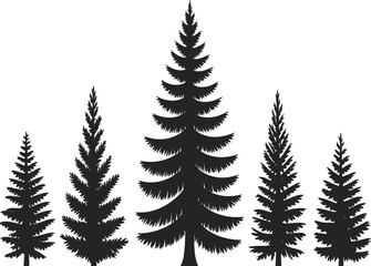 Obraz premium Silhouette evergreen trees, conifer forest illustration, black pine shapes, nature design, woodland art, fir tree diversity, vector background, landscape graphic