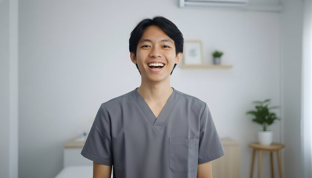 Smiling asian doctor in gray scrub shows joyful friendly demeanor in interior setting with modern decor elements in bright light