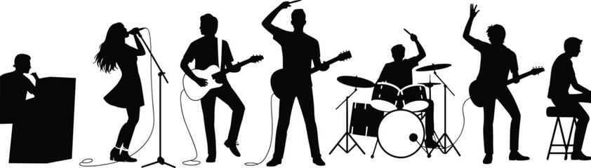 Silhouette band illustration, musicians performing live, guitar, drums, keyboard, singer, concert stage, energetic music group, black silhouette art © MdAbdul