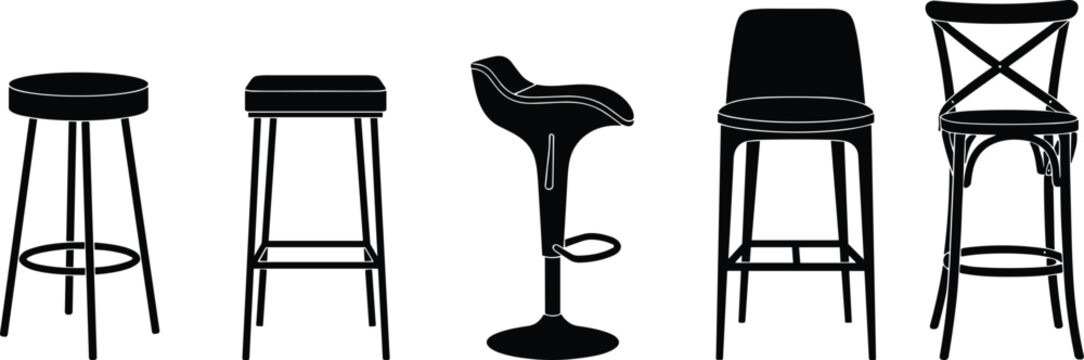 Bar stool chair silhouette vector set, modern and classic bar seating collection, kitchen counter furniture black icon illustration design