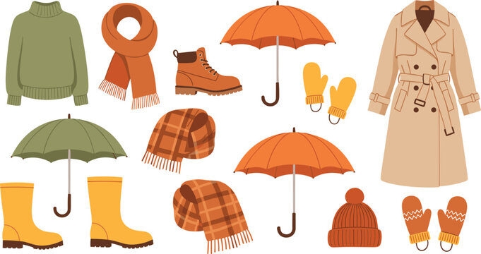Autumn fall clothing and accessories illustration set vector isolated on white background