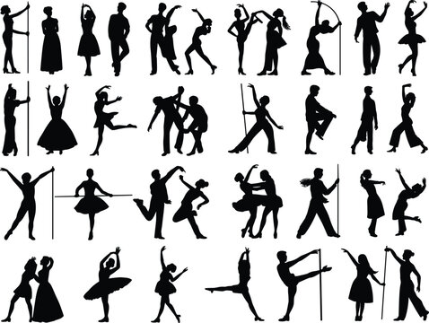 Collection of elegant dancing silhouettes showing ballet modern jazz and couple poses isolated on white background vector illustration design set