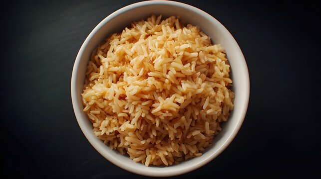 Overhead view of a white bowl filled with warm cooked brown rice under dim lighting