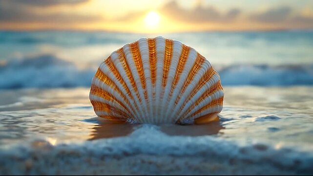 Beautiful seashell resting on sandy beach at sunset with ocean waves