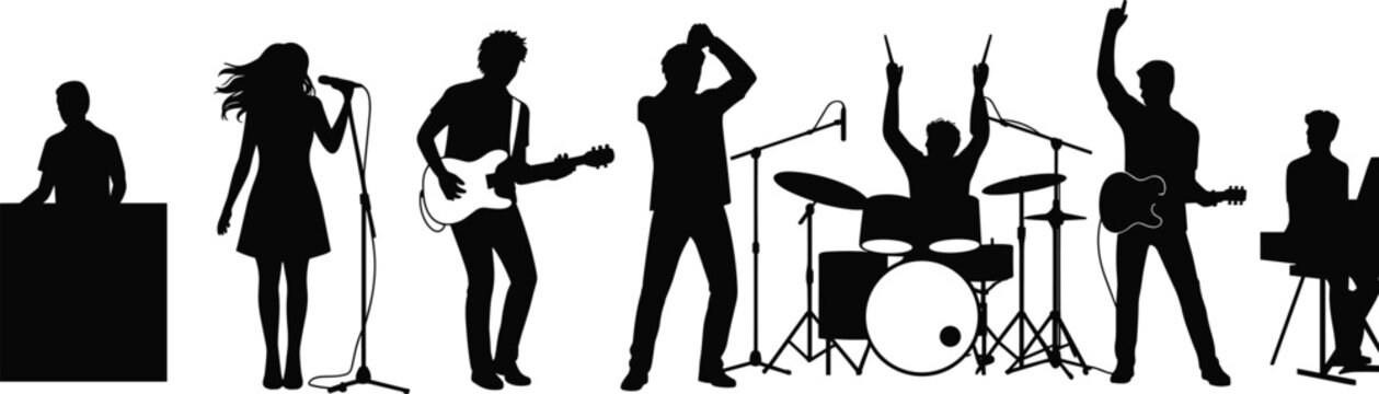 Silhouette music band performance, diverse musicians, singer guitarist drummer keyboardist DJ, live concert illustration, modern group collaboration, creative entertainment art