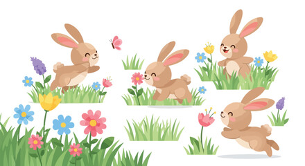 Obraz premium Four cartoon bunnies running playfully among colorful flowers and grass on a white background in a whimsical scene.
