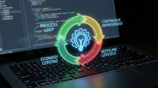 Innovation technology concept showing efficient programming development on dark laptop. Smart business software cycle loop creates improvement strategy. Futuristic digital process glows with idea