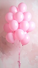 Bunch of pastel pink balloons grouped together, tied with ribbon, displayed against a pink textured background
