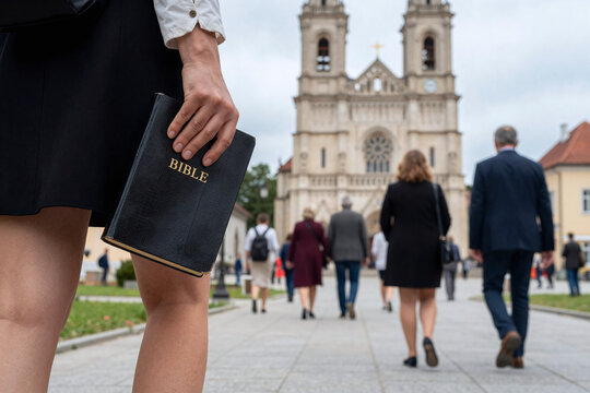 A woman holding a Bible as she and other worshiper walks towards a church to attend Sunday service. A devout Christian female bringing her religious book for spiritual inspiration and guidance.