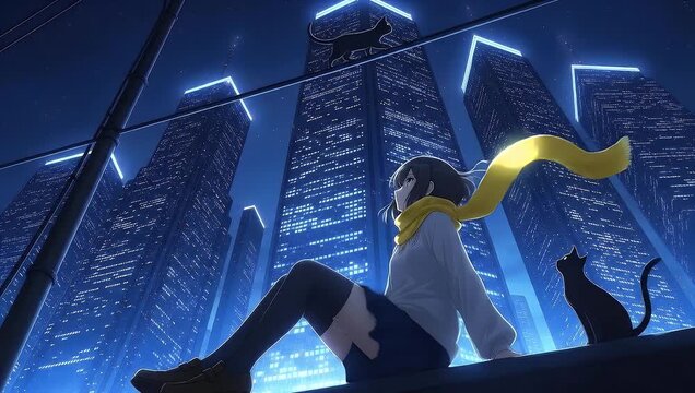 Anime girl and black cats resting on building ledge observing glowing city skyscrapers at night