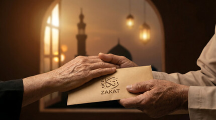 Obraz premium Hands exchanging zakat envelope with mosque in background - ramadan -eid al-fitr