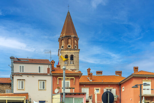 Bell tower of the Church of St. Simeon in Zadar, Croatia.