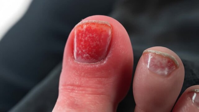 Close up of a toe with a damaged nail showing signs of infection.