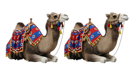 Ornate Decorative Camel Figurines with Vibrant Traditional Patterns isolated on a transparent background