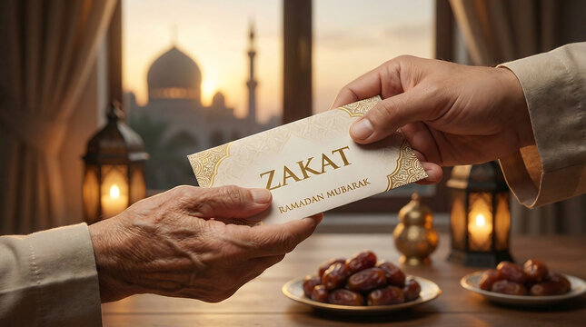 Hands exchanging zakat during Ramadan with mosque view - ramadan -eid al-fitr