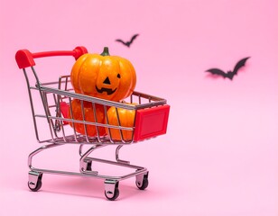 Carved pumpkin in a red toy shopping cart with pumpkins, against pink background with flying bats