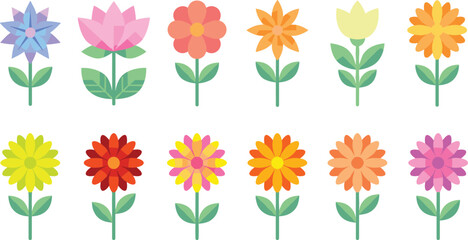Cute colorful flower icons set vector illustration, cartoon floral collection for kids design, nursery decoration, greeting cards, stickers and spring pattern background © Hey there