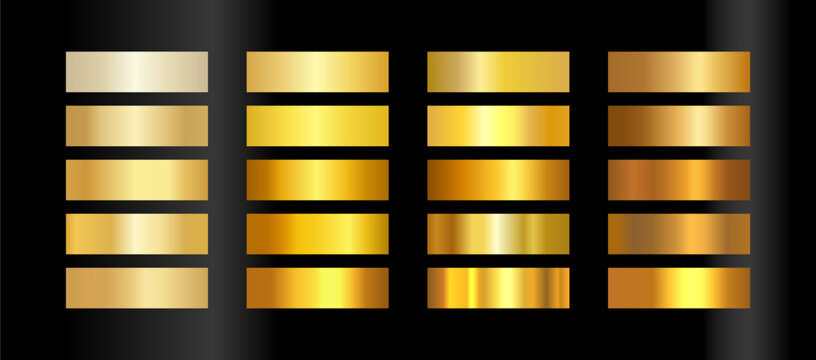 Luxury gold gradient swatches set for vector design. Collection of golden foil textures, yellow brass, polished chrome and bronze metallic effects for elegant branding, labels and premium decor