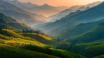 Obraz premium Stunning Terraced Rice Fields and Misty Mountains at Sunrise.