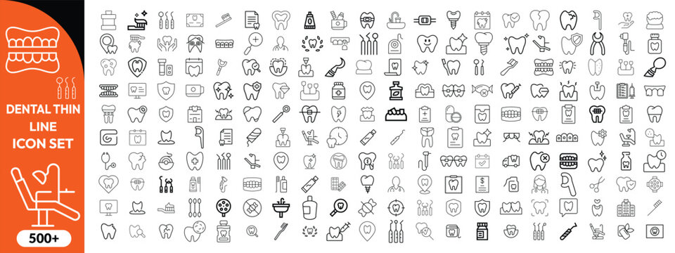 Dental thin line icons set. Tooth icon. Dentist, Dental, Tooth editable stroke icons collection.  Dental thin big icon set . Vector illustration