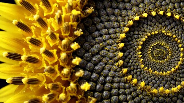 Close-up Macro View of Sunflower Seed Head Spiral Pattern.
