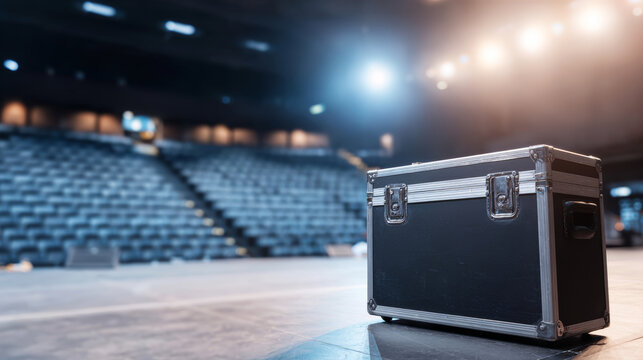 Black equipment road case sits on a well lit stage, with rows of empty seats in the background blurred. The image conveys a sense of readiness and anticipation