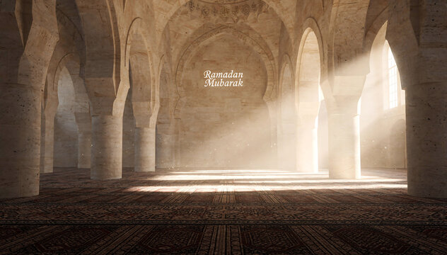 Serene mosque interior with Ramadan Mubarak greeting and sunbeams - ramadan -eid al-fitr