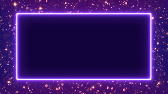 Glowing neon rectangular frame with bokeh particles on dark background, perfect ready-to-use template for luxury event announcements, award ceremonies and festive title sequences