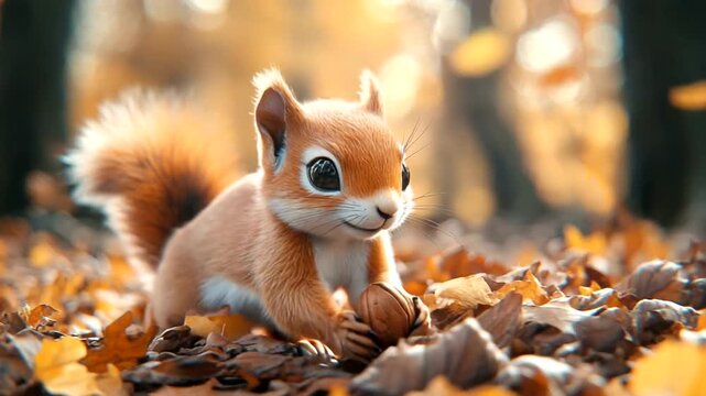 Adorable squirrel holding a nut amidst vibrant autumn leaves in a forest