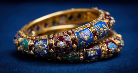 Naklejka premium Enamel gold bangles with floral patterns and diamonds